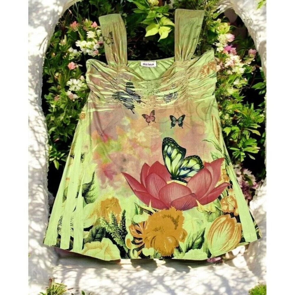 Y2K Fairycore Butterfly Ruched Mini Dress/Tunic Top Green Floral Reina M/L